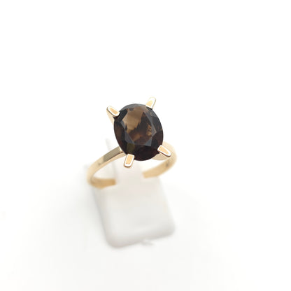 9ct Yellow Gold Vintage Retro Style Chunky Claw Oval Smoky Quartz Solitaire Ring