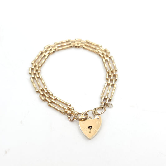 9ct Yellow Gold Vintage 70's Gate Bracelet With Heart Padlock Clasp