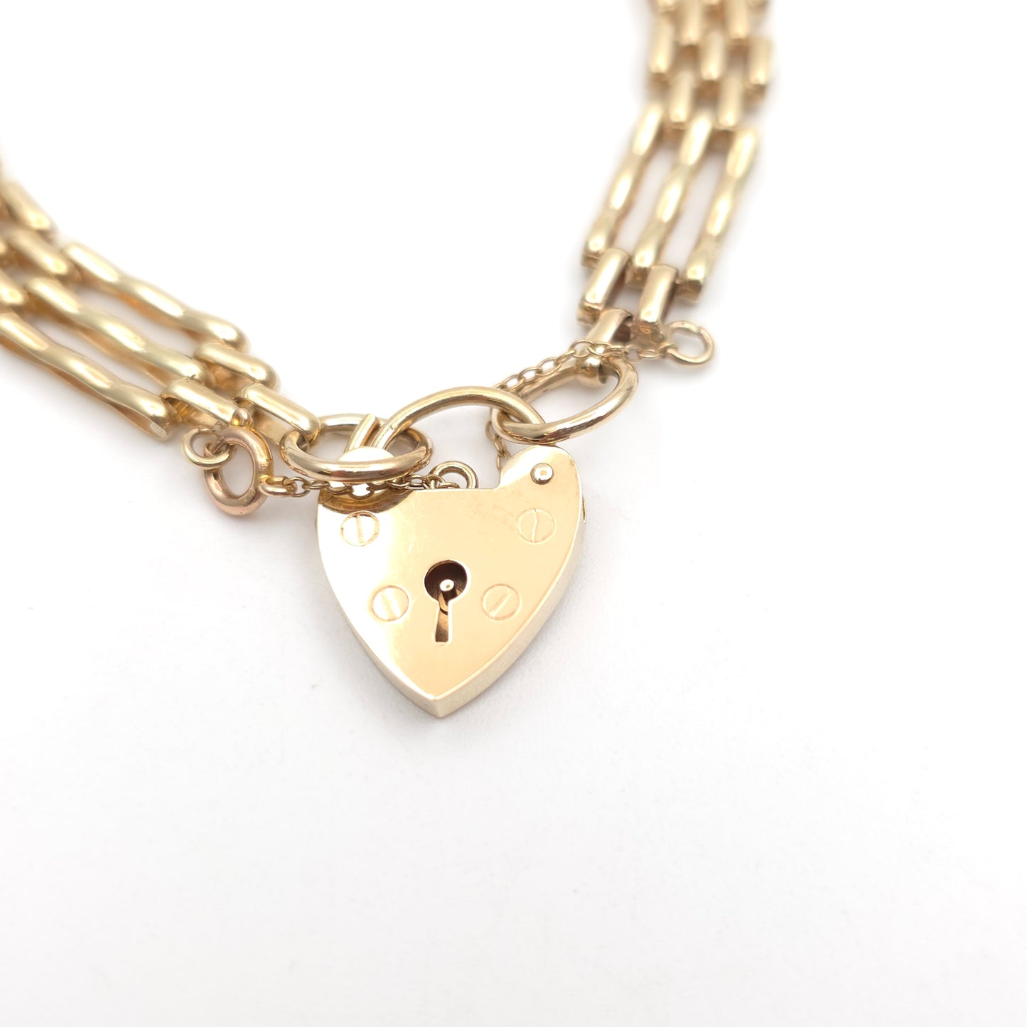 9ct Yellow Gold Vintage 70's Gate Bracelet With Heart Padlock Clasp