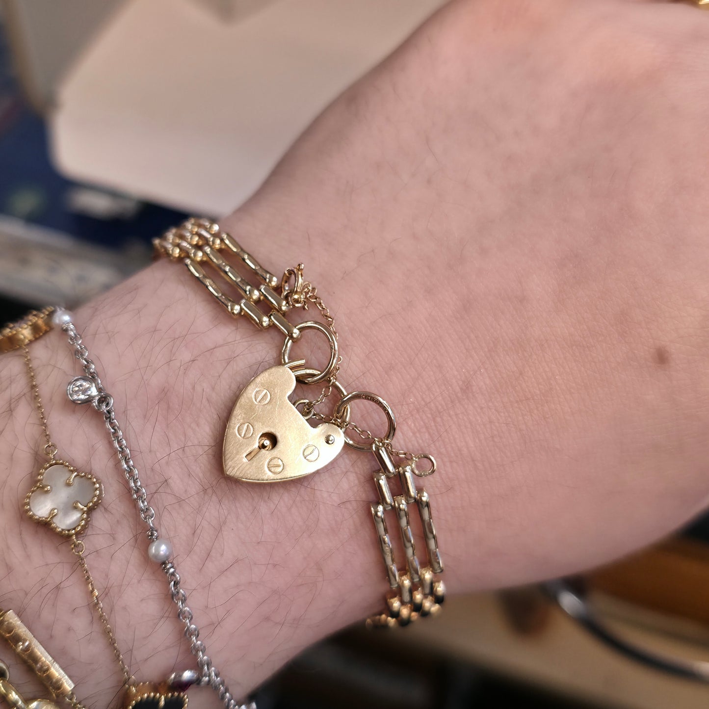 9ct Yellow Gold Vintage 70's Gate Bracelet With Heart Padlock Clasp
