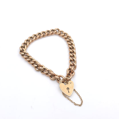 9ct Rose Toned Gold Hollow Link Curb Bracelet With Yellow Gold Heart Padlock