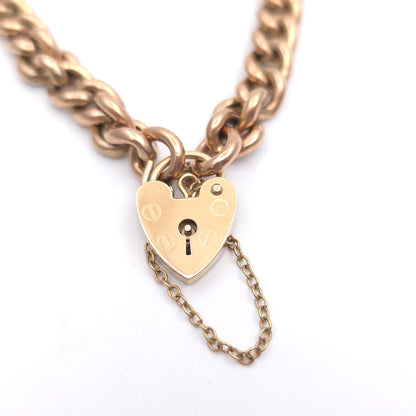 9ct Rose Toned Gold Hollow Link Curb Bracelet With Yellow Gold Heart Padlock