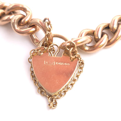 9ct Rose Toned Gold Hollow Link Curb Bracelet With Yellow Gold Heart Padlock