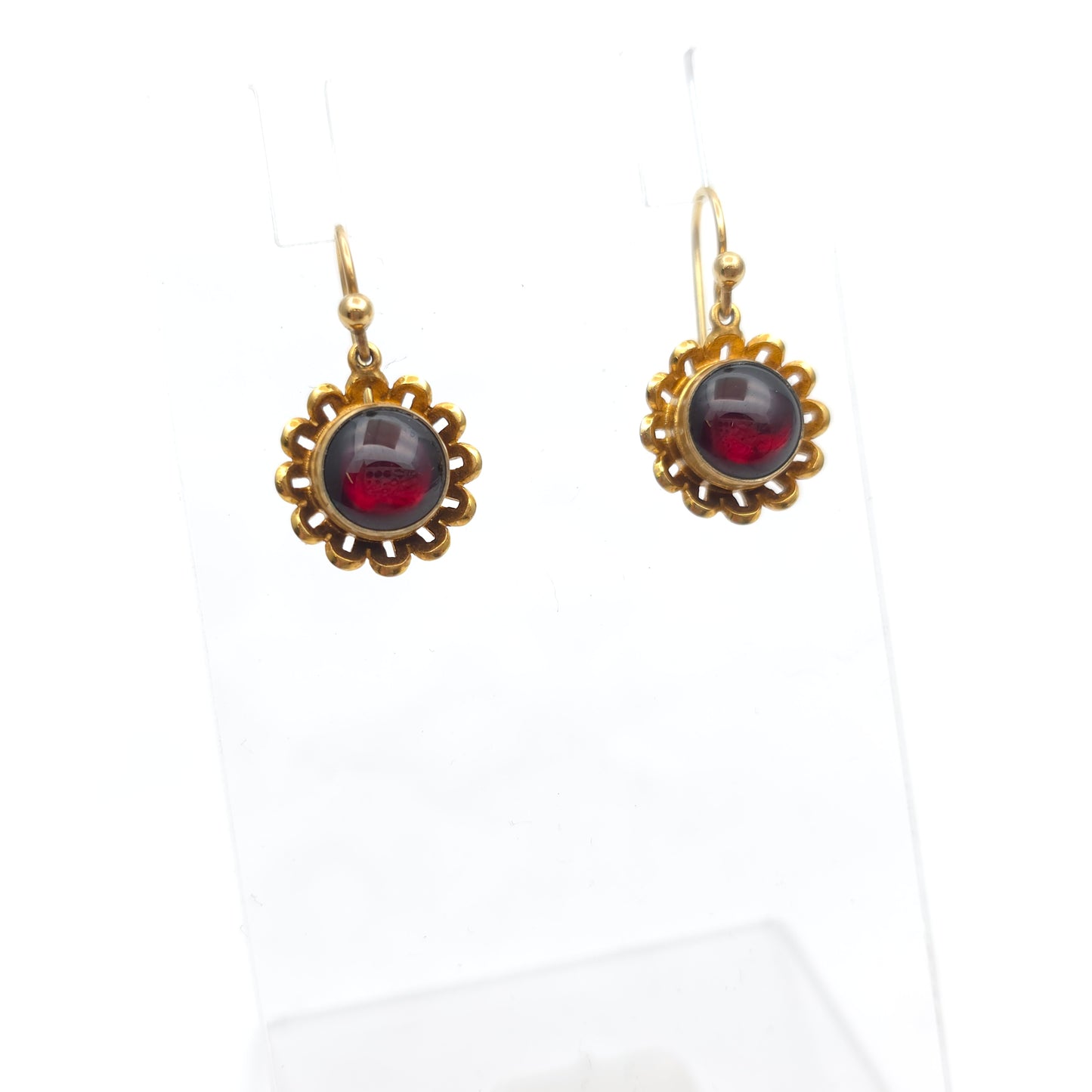 9ct Yellow Gold Repro Victorian Style Garnet Cabochon Flower Drop Earrings