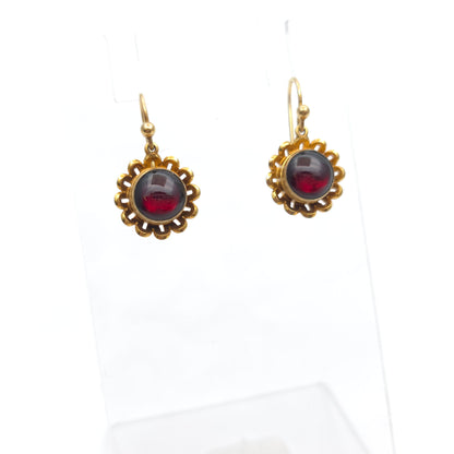 9ct Yellow Gold Repro Victorian Style Garnet Cabochon Flower Drop Earrings