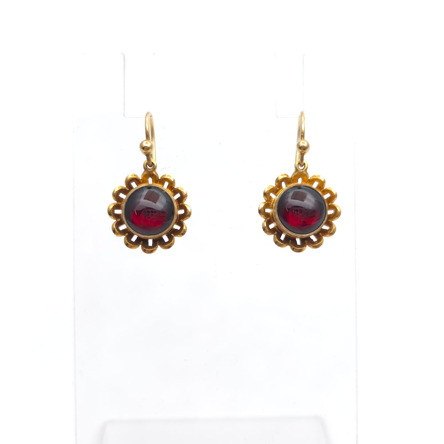 9ct Yellow Gold Repro Victorian Style Garnet Cabochon Flower Drop Earrings