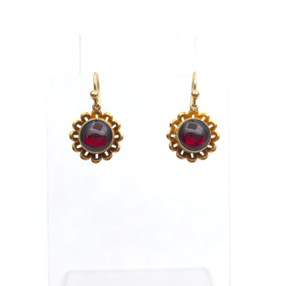 9ct Yellow Gold Repro Victorian Style Garnet Cabochon Flower Drop Earrings