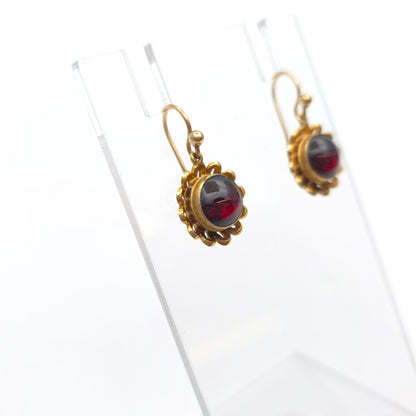 9ct Yellow Gold Repro Victorian Style Garnet Cabochon Flower Drop Earrings