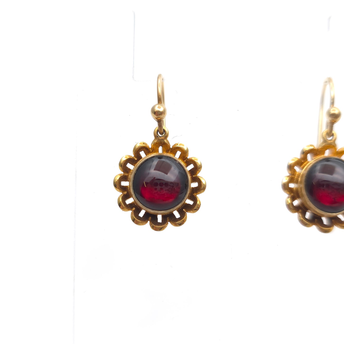 9ct Yellow Gold Repro Victorian Style Garnet Cabochon Flower Drop Earrings