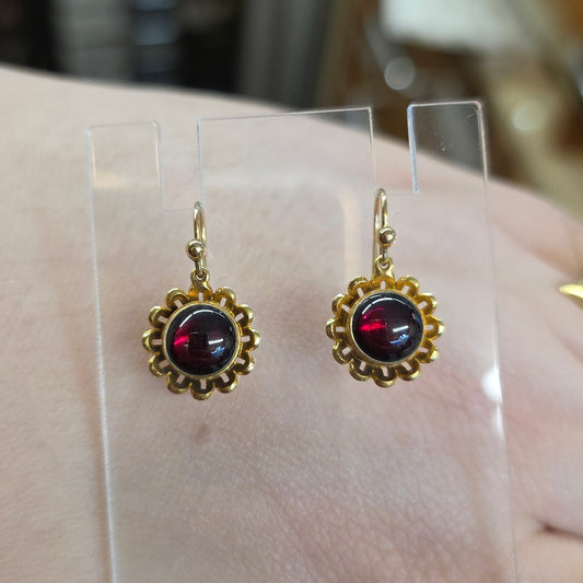 9ct Yellow Gold Repro Victorian Style Garnet Cabochon Flower Drop Earrings