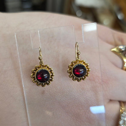 9ct Yellow Gold Repro Victorian Style Garnet Cabochon Flower Drop Earrings