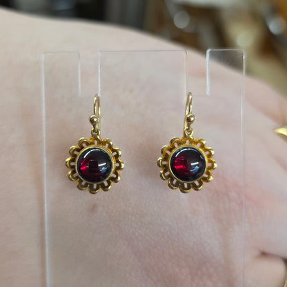 9ct Yellow Gold Repro Victorian Style Garnet Cabochon Flower Drop Earrings