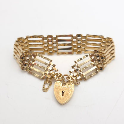 9ct Yellow Gold Vintage Repro Wide 5 Bar Gate Bracelet With Heart Padlock Clasp