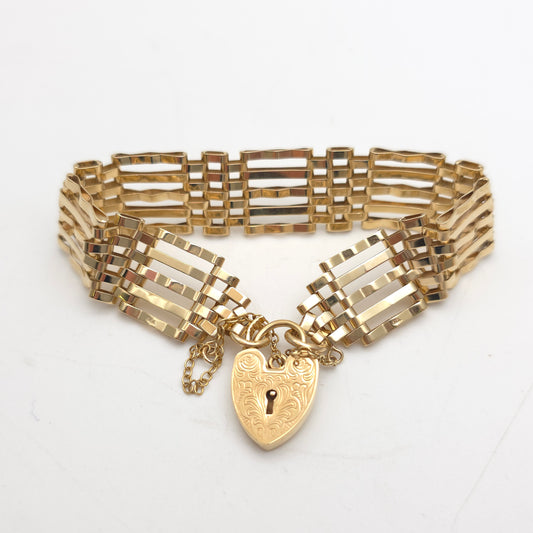 9ct Yellow Gold Vintage Repro Wide 5 Bar Gate Bracelet With Heart Padlock Clasp
