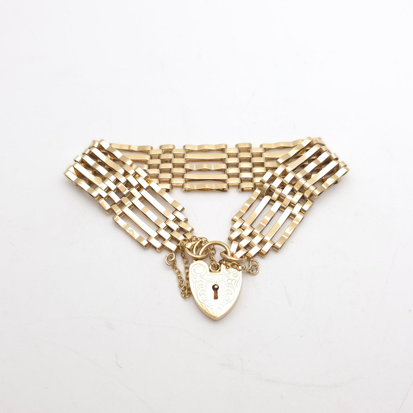 9ct Yellow Gold Vintage Repro Wide 5 Bar Gate Bracelet With Heart Padlock Clasp