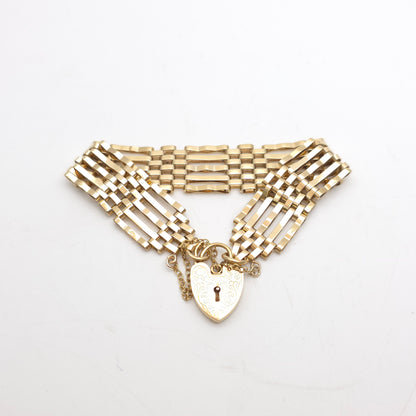 9ct Yellow Gold Vintage Repro Wide 5 Bar Gate Bracelet With Heart Padlock Clasp