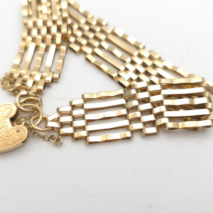 9ct Yellow Gold Vintage Repro Wide 5 Bar Gate Bracelet With Heart Padlock Clasp