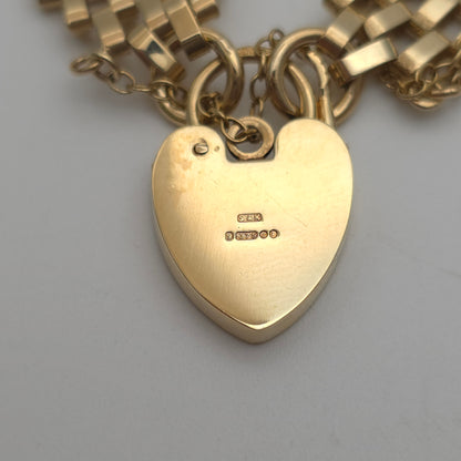 9ct Yellow Gold Vintage Repro Wide 5 Bar Gate Bracelet With Heart Padlock Clasp