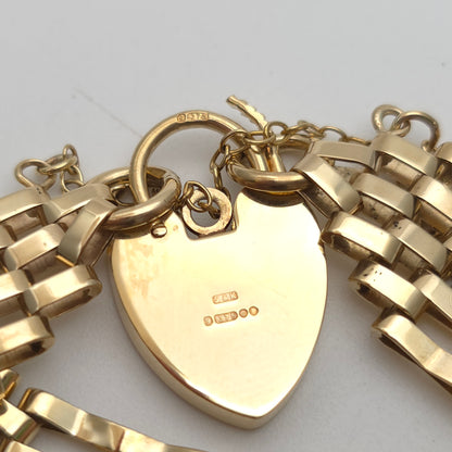 9ct Yellow Gold Vintage Repro Wide 5 Bar Gate Bracelet With Heart Padlock Clasp