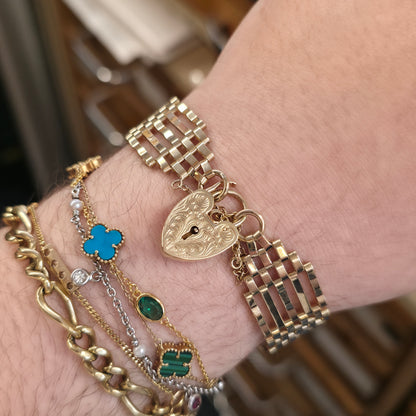 9ct Yellow Gold Vintage Repro Wide 5 Bar Gate Bracelet With Heart Padlock Clasp
