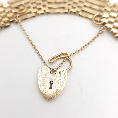 9ct Yellow Gold Vintage Repro Wide 5 Bar Gate Bracelet With Heart Padlock Clasp