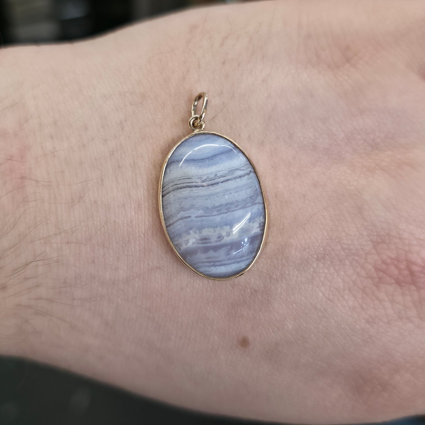 9ct Yellow Gold Vintage Large Blue Lace Agate Cabochon Pendant Piece