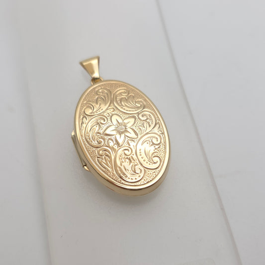 9ct Yellow Gold Vintage Oval Floral Embossed Locket Pendant Piece