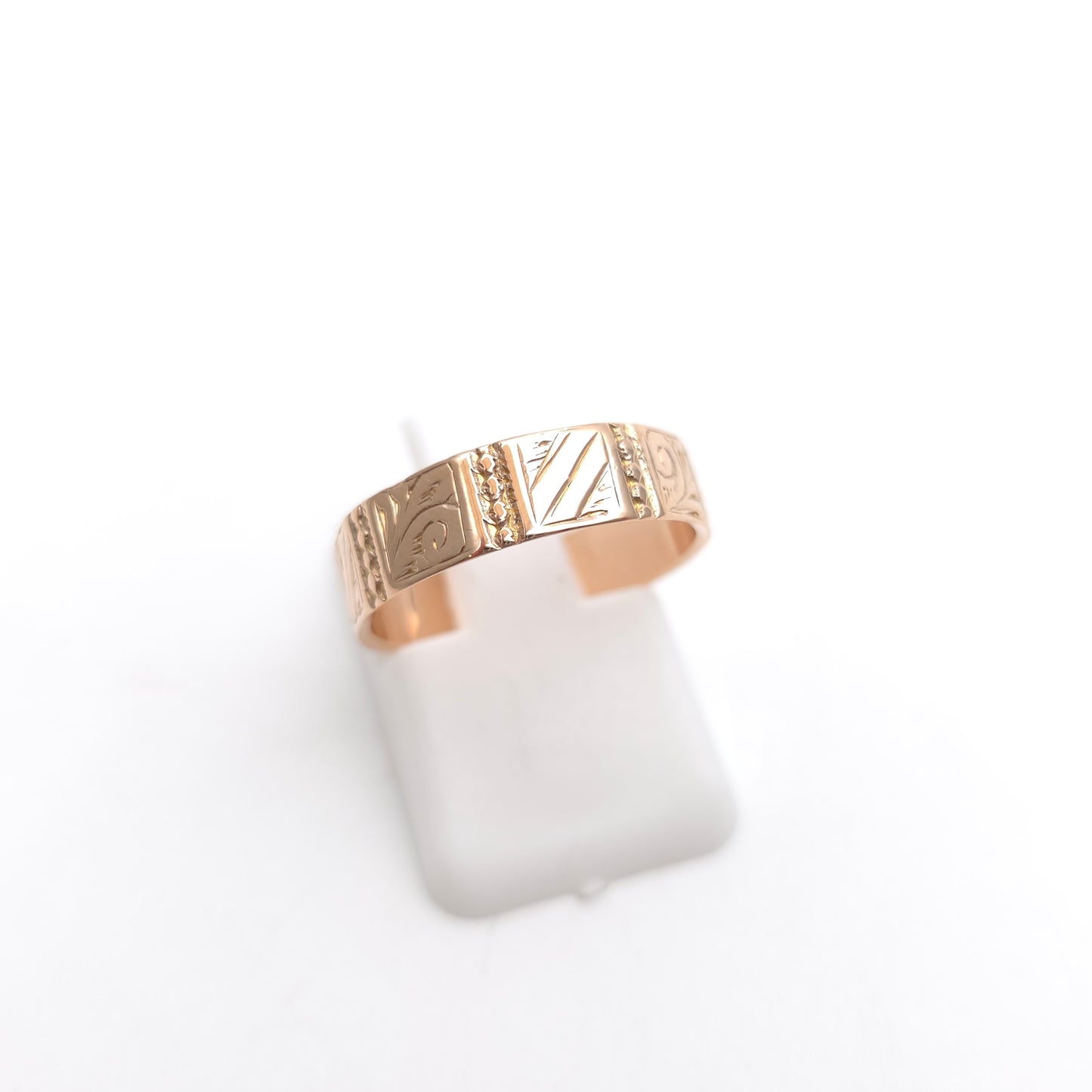 9ct Rose Gold Antique 1879 Faceted Engraved Patterned Wide Band Ring