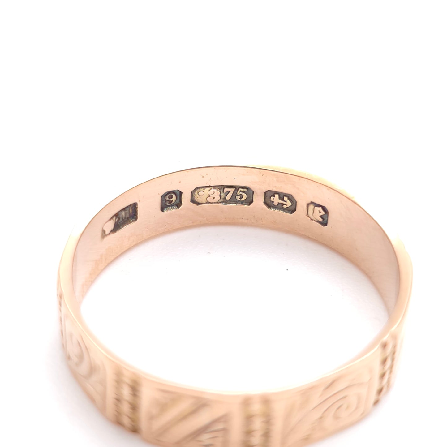 9ct Rose Gold Antique 1879 Faceted Engraved Patterned Wide Band Ring