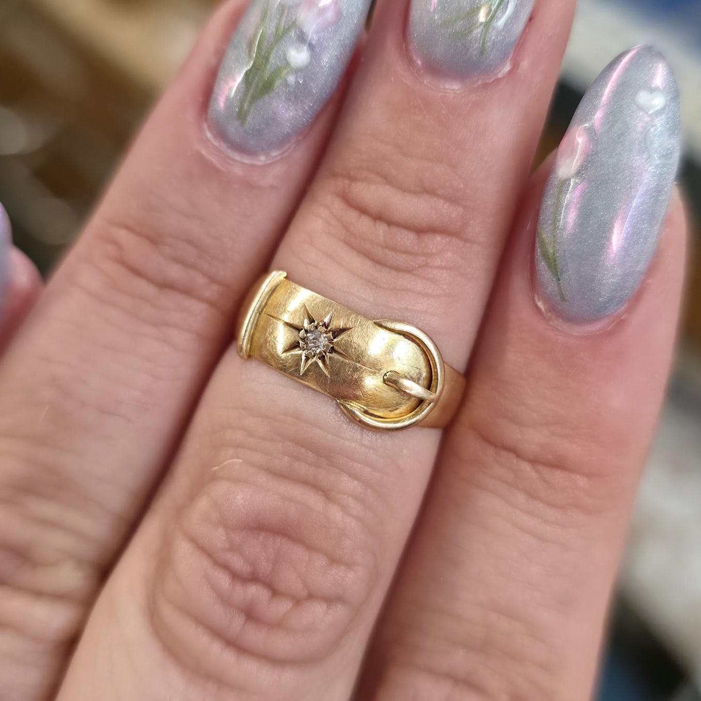 18ct Yellow Gold Antique Victorian Diamond Set Buckle Band Ring