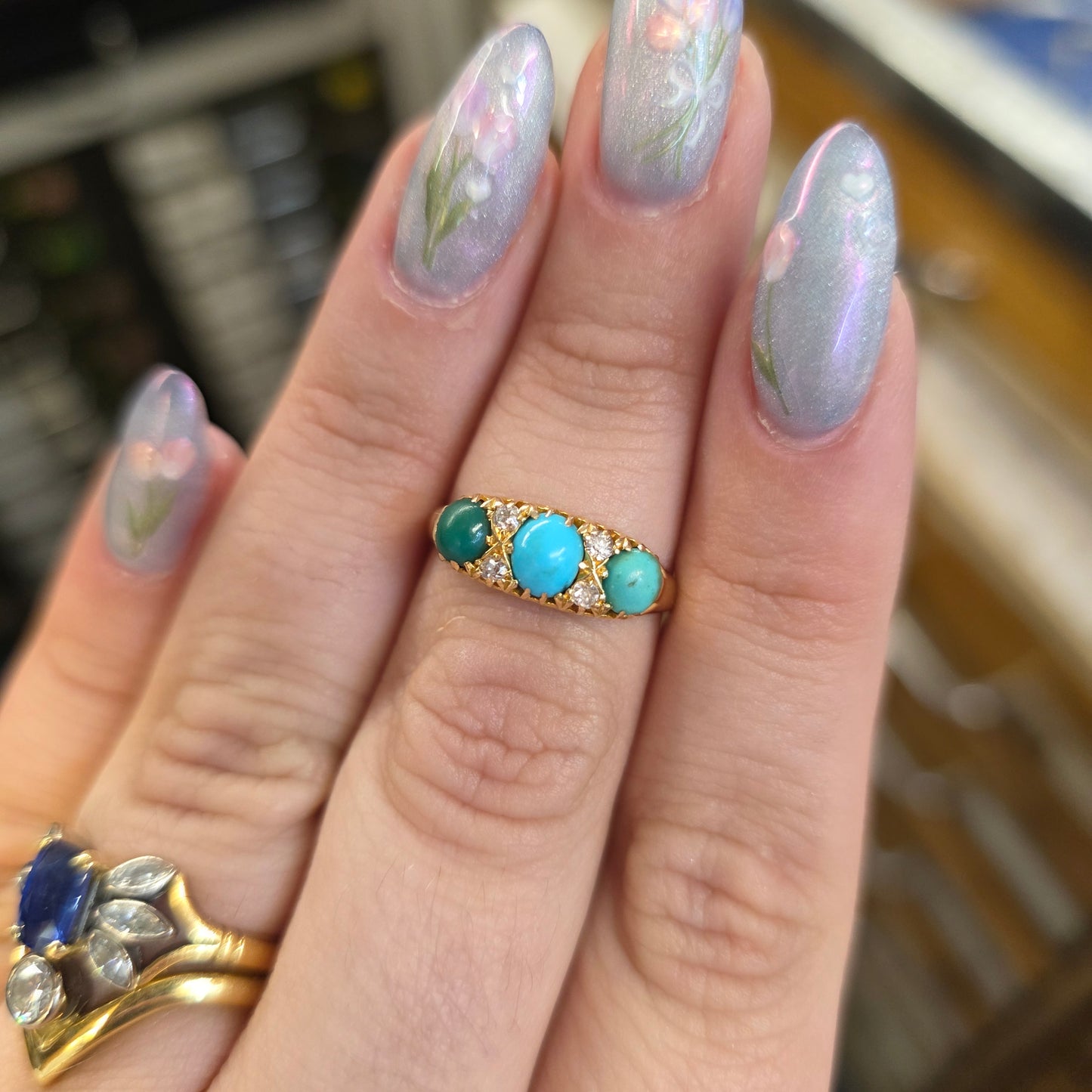 18ct Yellow Gold Antique Turquoise And Diamond Traditional Style Ring