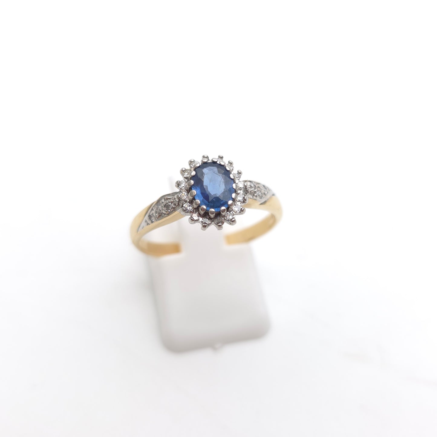 9ct Yellow Gold Vintage Sapphire And Diamond Cluster With Diamond Shoulder Ring