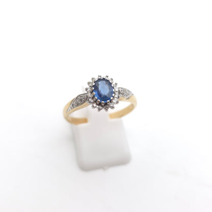 9ct Yellow Gold Vintage Sapphire And Diamond Cluster With Diamond Shoulder Ring