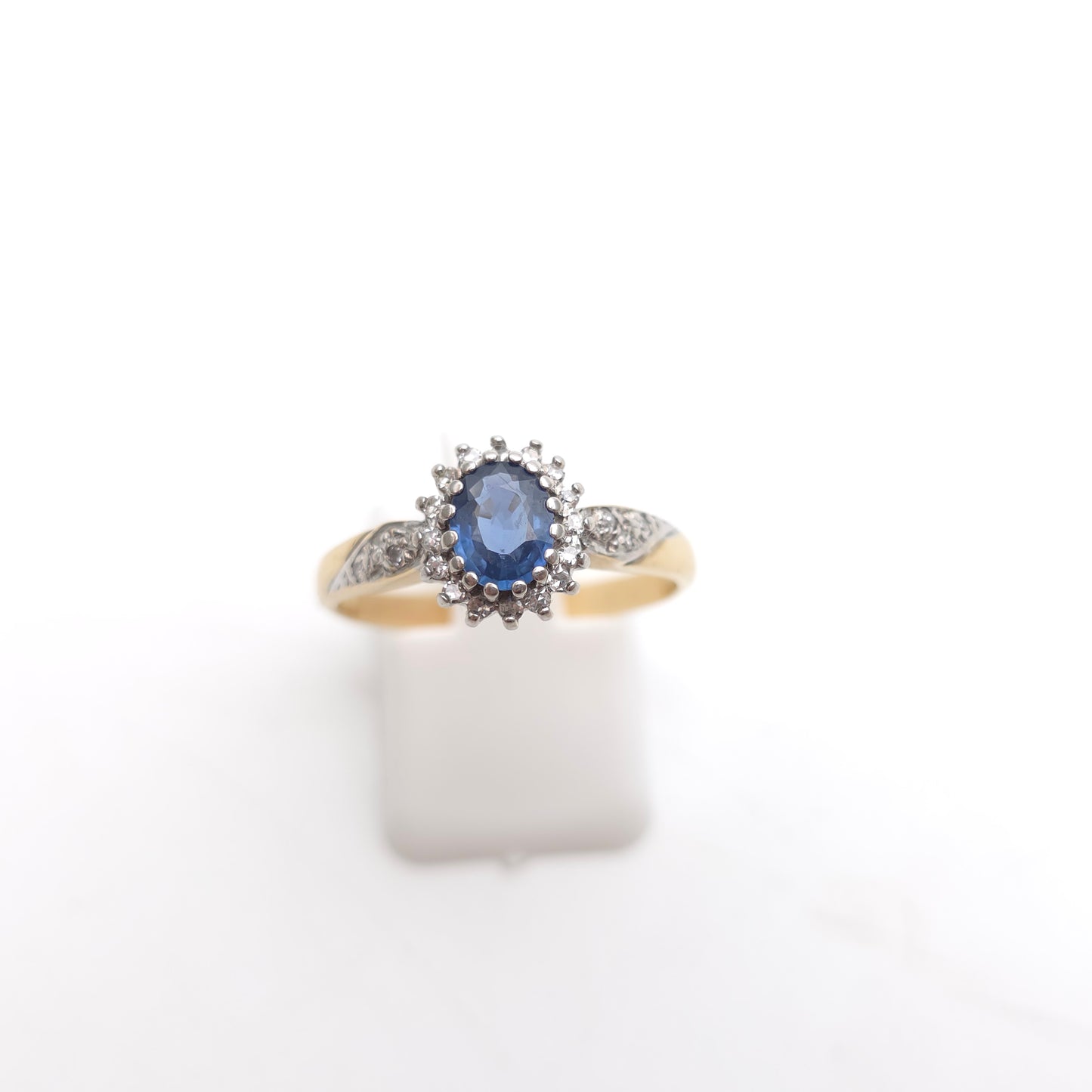 9ct Yellow Gold Vintage Sapphire And Diamond Cluster With Diamond Shoulder Ring