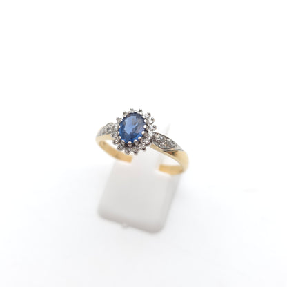 9ct Yellow Gold Vintage Sapphire And Diamond Cluster With Diamond Shoulder Ring