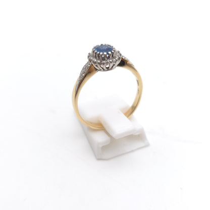 9ct Yellow Gold Vintage Sapphire And Diamond Cluster With Diamond Shoulder Ring