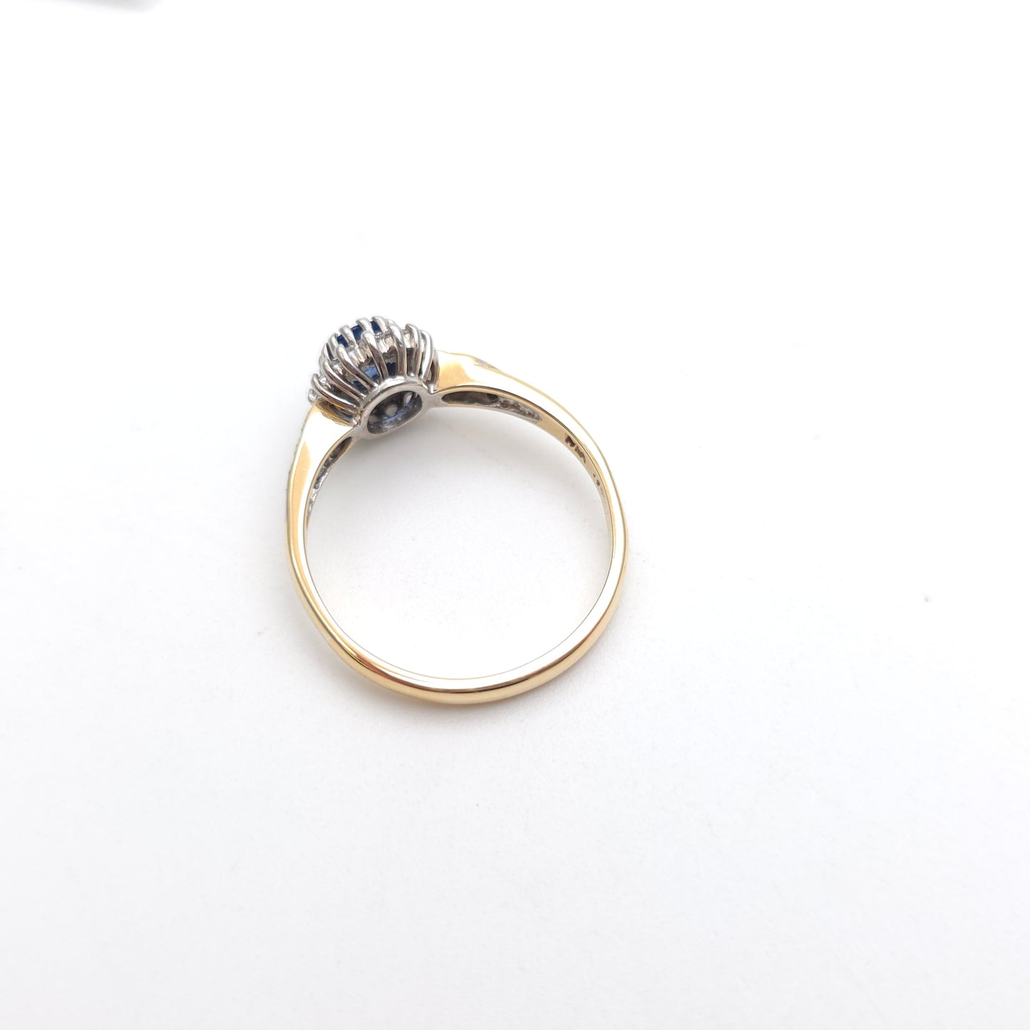 9ct Yellow Gold Vintage Sapphire And Diamond Cluster With Diamond Shoulder Ring