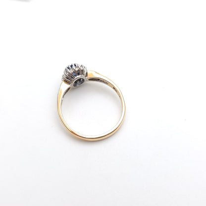 9ct Yellow Gold Vintage Sapphire And Diamond Cluster With Diamond Shoulder Ring