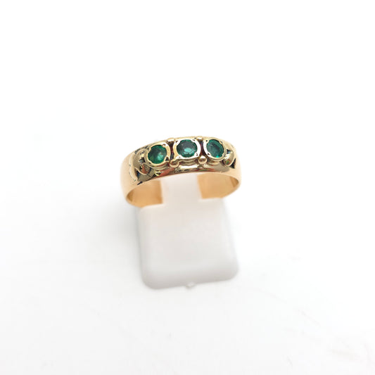 14ct Yellow Gold Vintage/ Antique Wide Emerald Trilogy Cigar Band Ring