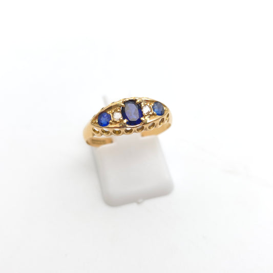 18ct Yellow Gold Antique Synthetic Sapphire And Diamond Boat Ring 1914