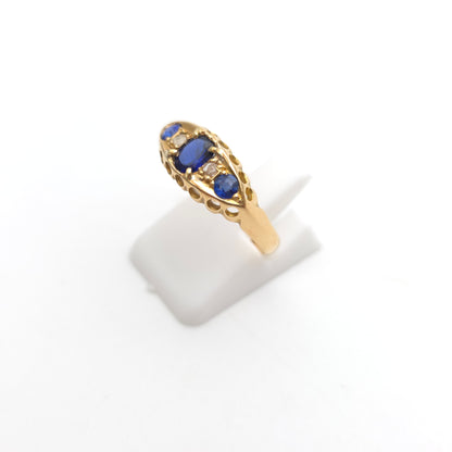 18ct Yellow Gold Antique Synthetic Sapphire And Diamond Boat Ring 1914