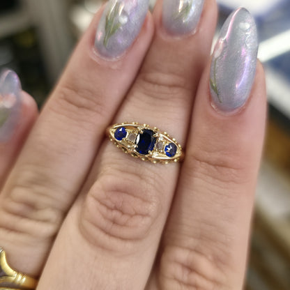 18ct Yellow Gold Antique Synthetic Sapphire And Diamond Boat Ring 1914