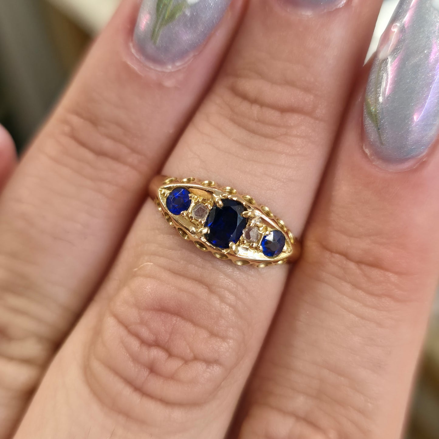 18ct Yellow Gold Antique Synthetic Sapphire And Diamond Boat Ring 1914