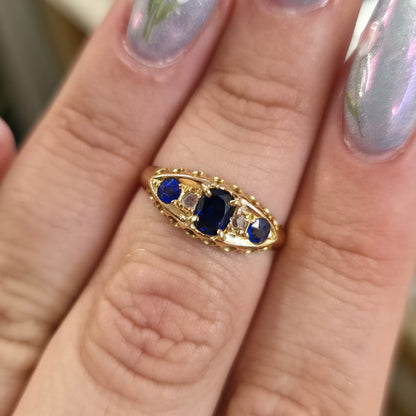 18ct Yellow Gold Antique Synthetic Sapphire And Diamond Boat Ring 1914