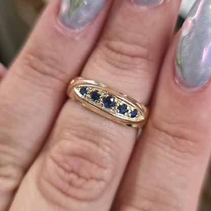 9ct Yellow Gold Vintage Antique Boat Style Sapphire Five Stone Row Ring