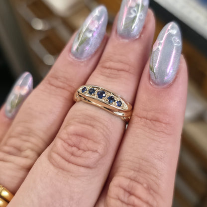 9ct Yellow Gold Vintage Antique Boat Style Sapphire Five Stone Row Ring
