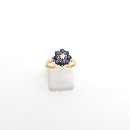 18ct Yellow Gold Vintage Diamond And Round Cut Blue Sapphire Cluster Ring