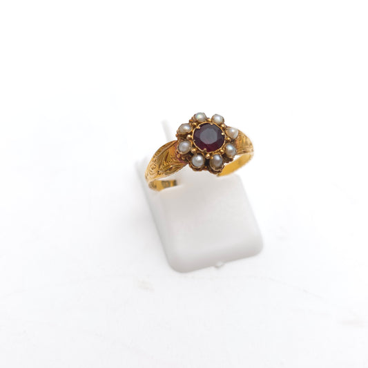 15ct Yellow Gold Antique 1868 Garnet and Pearl Small Cluster Ring