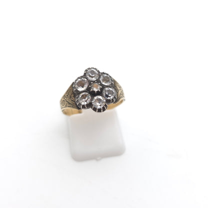 10ct Yellow Gold Antique White Paste Stone Cluster With Engraved Shoulders Ring