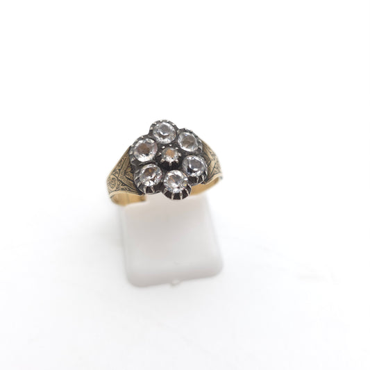 10ct Yellow Gold Antique White Paste Stone Cluster With Engraved Shoulders Ring